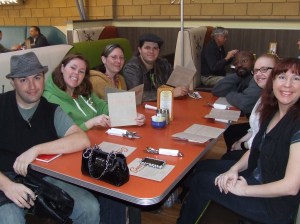 Eight people.  One booth.  A friend's elbow in your chest for the whole meal helps you digest your food better.